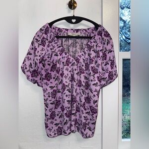 LOFT Pink Floral Peasant Blouse | Puff Sleeve V-Neck Boho Top Size S